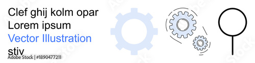 Technology, engineering, analysis, business solutions, innovation, design process. Gears mechanical systems, with magnifying glass icon. Technology and engineering