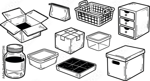 Black and white hand drawn storage containers including box, basket, drawer, pouch, jar, and organizer tray vector set