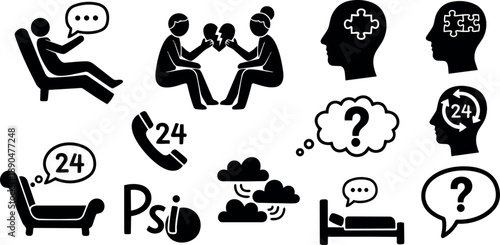 Black pictogram set showing therapy session, couple breaking heart, mental health puzzle pieces and 24 hour psychology support icons
