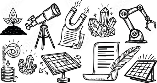 Hand drawn black and white line art collection of science technology crystals solar panels telescope robotic arm and document with feather ink pen set