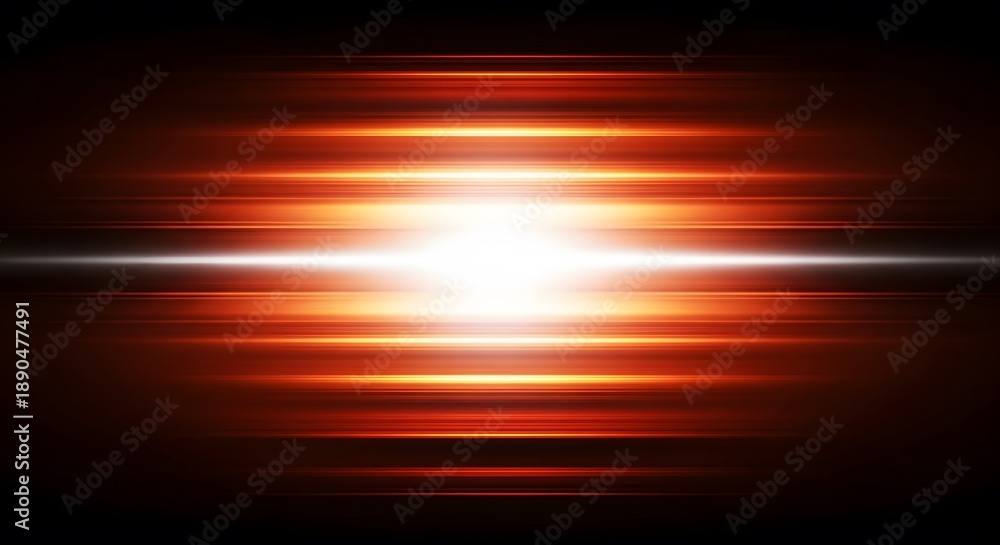 Obraz premium Horizontal light bars with a central flare. Digital data streaming and network speed. Bright orange glow pulses through a dark cyber space representing high bandwidth
