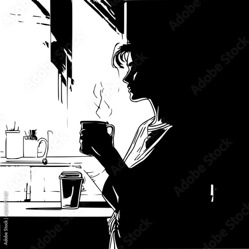 Young woman perched on a stylish kitchen counter holding a steaming coffee mug as warm sunlight streams through the window onto gleaming cabinets