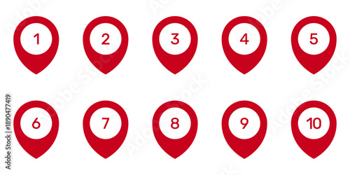Numbered Location Pin Markers for Navigation and Mapping Icon Set. Geographic Position Indicators and Route Point Pins for Maps and Tracking Symbol Collection. Isolated Vector Illustration