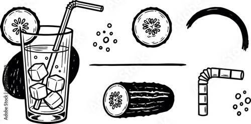 Hand drawn vector art glass of cucumber water with ice cubes sliced cucumber pieces and straw in black and white ink style