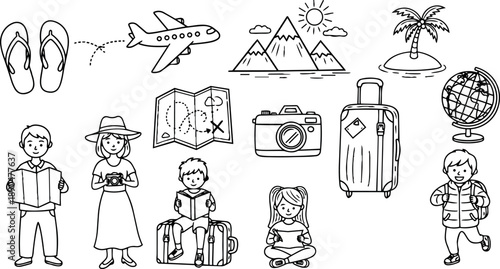 Black and white line art children traveling with suitcase map camera globe mountain plane palm tree sun flip flops