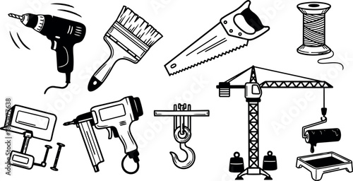 Black and white vector art showing electric drill, paint brush, hand saw, spool of thread, clamp, nail gun, crane hook, construction crane lifting paint roller and paint tray