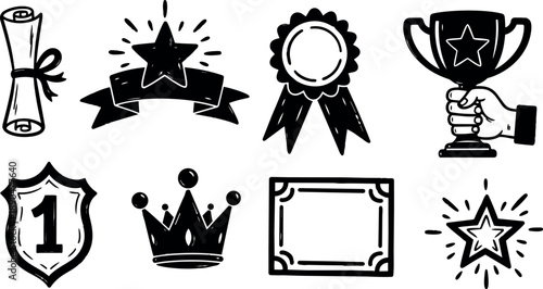 Black and white hand drawn award icons set with trophy cup crown certificate and star badge illustrations