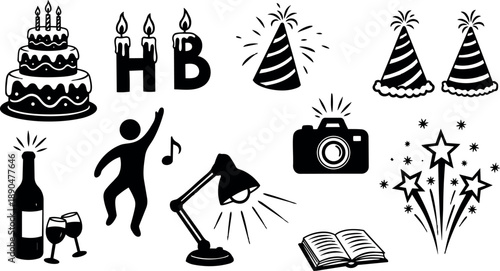 Black and white party icons set including birthday cake with candles, dancing figure, wine bottle with glasses and celebration hats vector art