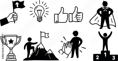 Black and white vector icons including hand holding upward flag light bulb thumbs up superhero trophy person climbing mountain with flag applause and winners podium