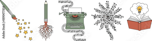 Creative expression vector set with paint brush, rooted pencil, typewriter, music notes, and open book