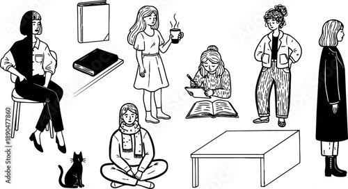 Monochrome line art diverse young women reading writing sitting standing with cat books and coffee in casual style