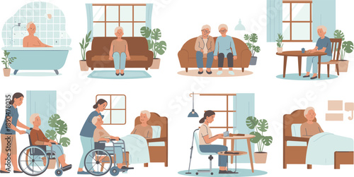 Elderly care illustration, senior lifestyle scenes, assisted living moments, caregiver support, retirement home activities, aging wellness, daily life visuals