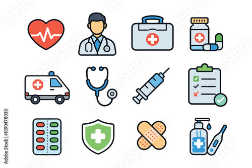 Healthcare icons: heart, doctor, ambulance, medicine, syringe, checkup