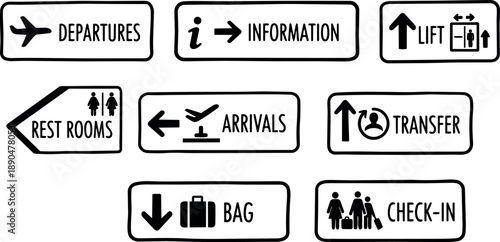 Simple black and white airport sign icons showing departures arrivals information lift bag check in and rest rooms directions