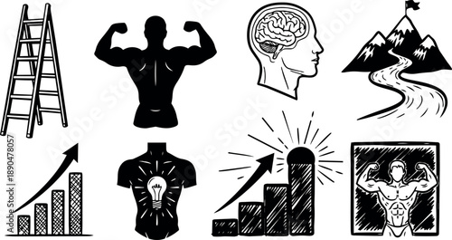 Hand drawn style set of human muscular silhouette with brain lightbulb growth chart ladder and mountain peak icons in black and white line art