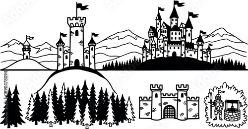 Medieval castle silhouette on hilltop with flag waving surrounded by forest and mountains hand drawn vector art
