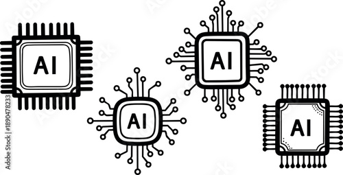 Black and white vector art of four ai microchips with various circuit patterns isolated on white background technology and digital innovation concept