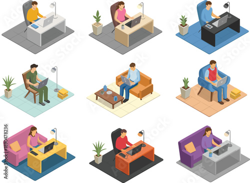 Isometric remote work scenes, laptop users at home, modern workspace illustration, cozy furniture setup, digital lifestyle, home office visuals