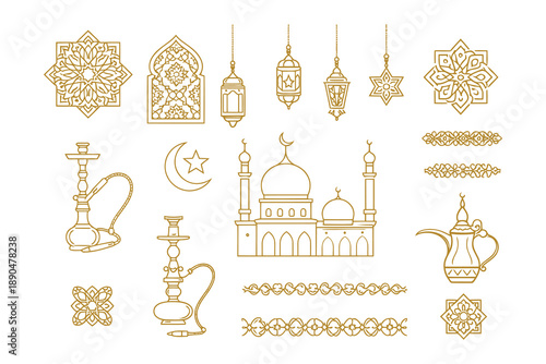Islamic ornamental elements: mosque, moon, star, lanterns, hookah, patterns