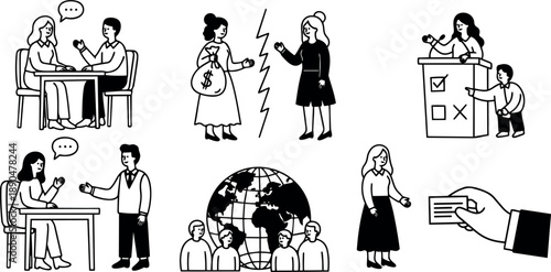Black and white line art vector of diverse people engaging in dialogue voting and global community activities with business and communication concepts