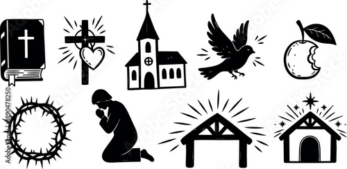 Minimalist black silhouette vector icons set of praying man church cross heart dove apple crown of thorns nativity stable star
