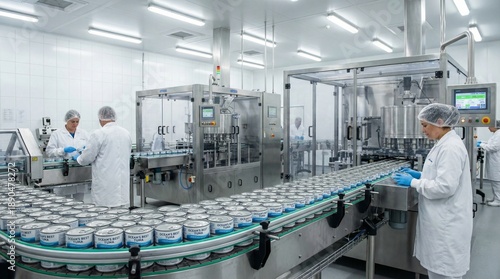 Workers in white coats monitoring canned tuna production line  