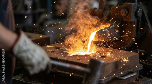Worker pouring molten metal into mold in foundry with sparks  