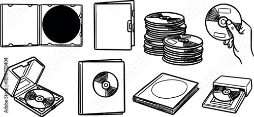 Black and white line art collection of stacked cds with cases hand holding compact disc multiple angles and openings