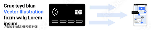 Digital transactions, mobile banking, contactless finance, cashless payments, fintech, money transfer. Black credit card connecting to smartphone app. Digital transactions and mobile banking concept