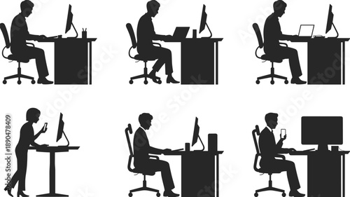 Silhouette desk work illustration, computer and smartphone posture set, modern office activity, ergonomic setup vector, digital workflow artwork