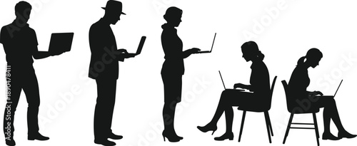 Silhouette laptop users illustration, standing and seated poses, diverse attire figures, work posture set, digital activity vector art