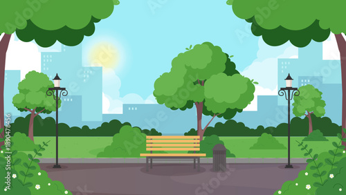 City park with green trees and grass wooden benches and skyscrapers on skyline vector cartoon illustration of summer landscape of empty public garden with bushes lawn and paths
