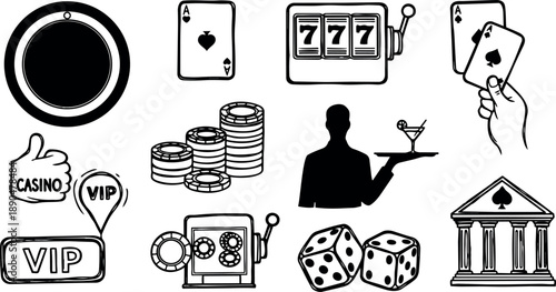 Black and white casino vector icons including slot machines, playing cards, dice, chips, dealer silhouette, and vip signs in minimal style