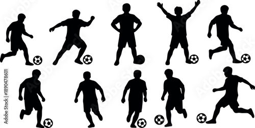 Set of ten black silhouette soccer players dribbling kicking and posing with ball in various actions and stances