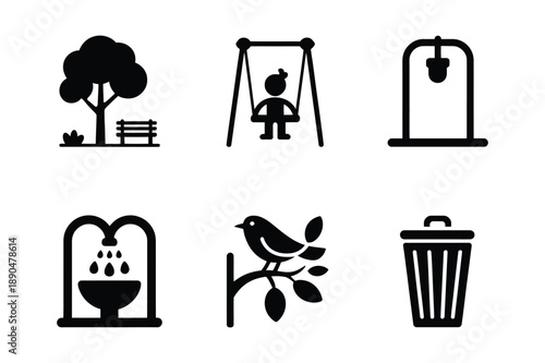 Park Icons Tree, Bench, Swing, Lamp Post, Fountain, Bird