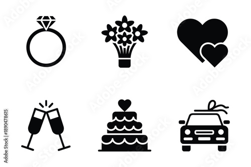 Wedding Icons Ring, Bouquet, Hearts, Champagne, Cake, Car