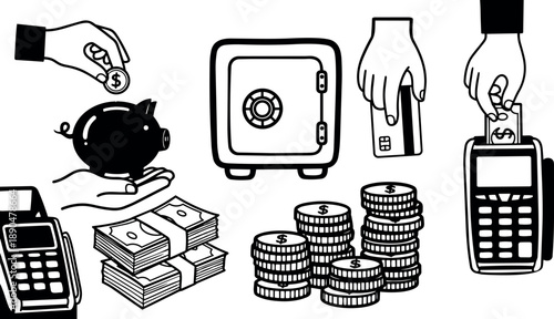 Black and white vector art of hands inserting coins in piggy bank swiping credit card on terminal with stacks of cash and coins