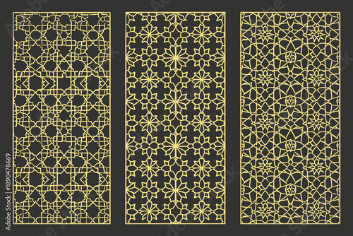 Gold Islamic geometric patterns on dark background