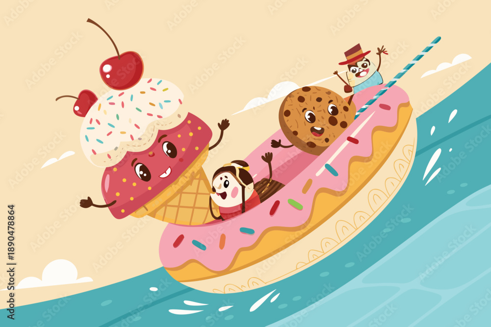 Naklejka premium Featuring Dessert Characters Riding Donut Float Beautiful Premium Digital Asset