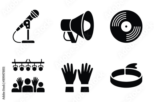 Music & Performance Icons Microphone, Megaphone, Vinyl, Audience, Gloves, Ring