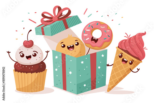 Dessert Characters Popping Out Gift Box Premium Digital Asset Ideal for Marketing