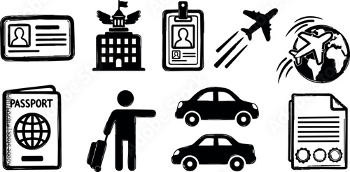 Black and white travel icons set including passport, airplane flying over globe, person with luggage, cars, id cards, and official document symbols