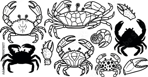 Black and white line art collection of various crab shapes claws and scuttling crustaceans isolated on white background