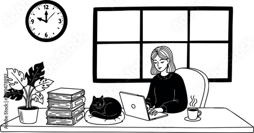 Monochrome vector flat design woman typing on laptop at desk with cat stack of books coffee and clock