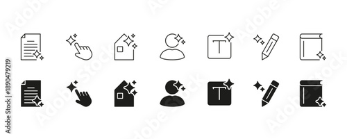 Editing And Formatting Icons with Sparkle Effect. Includes Symbols Of Document, Hand Clicker, Home, User, Text, Pencil Icons. Isolated Vector Illustration