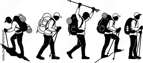 Black silhouette group of hikers carrying backpacks and walking sticks hiking on trail set in various walking poses