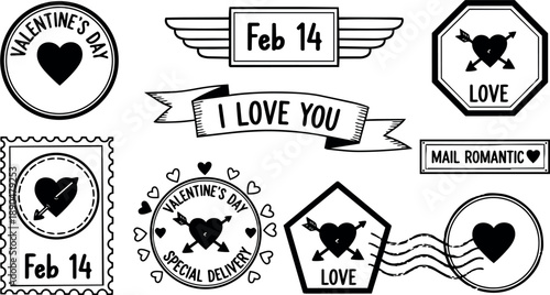 Valentines day themed black and white stamp set with hearts and arrows mail romantic postage flat design vector illustration