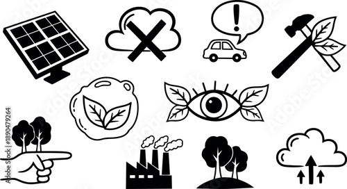 Black and white vector icons depicting solar panel, cloud with cross, car warning, hammer with leaves, eco shield, eye with leaves, pointing hand with trees, factory pollution, and cloud upload