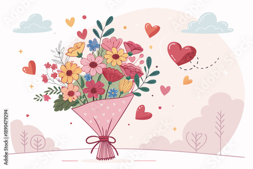 Depicting Flower Bouquet Floating With Hearts Around Beautiful Creative Visual