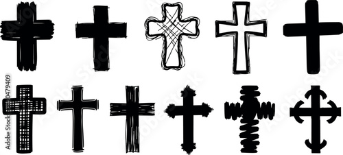 Hand drawn sketch style collection of twelve unique black crosses with various brush strokes and textures isolated on white background